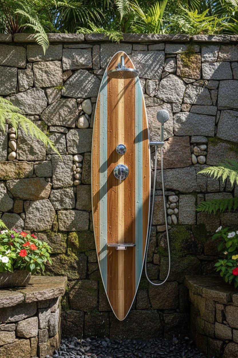 Surfboard Shower Panel, Wood Coastal Bathroom Decor, Turquoise Stripe Beach House Art
