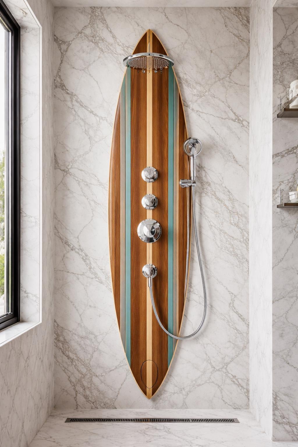 Surfboard Shower Panel, Wood Coastal Bathroom Decor, Turquoise Stripe Beach House Art