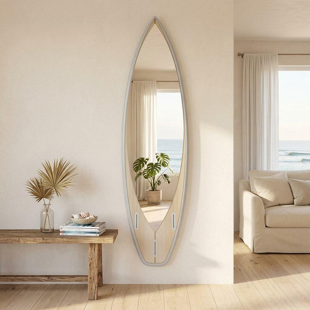 Surfboard Mirror – Coastal Wall Decor for Beach House Interior, Minimalist Surf Style