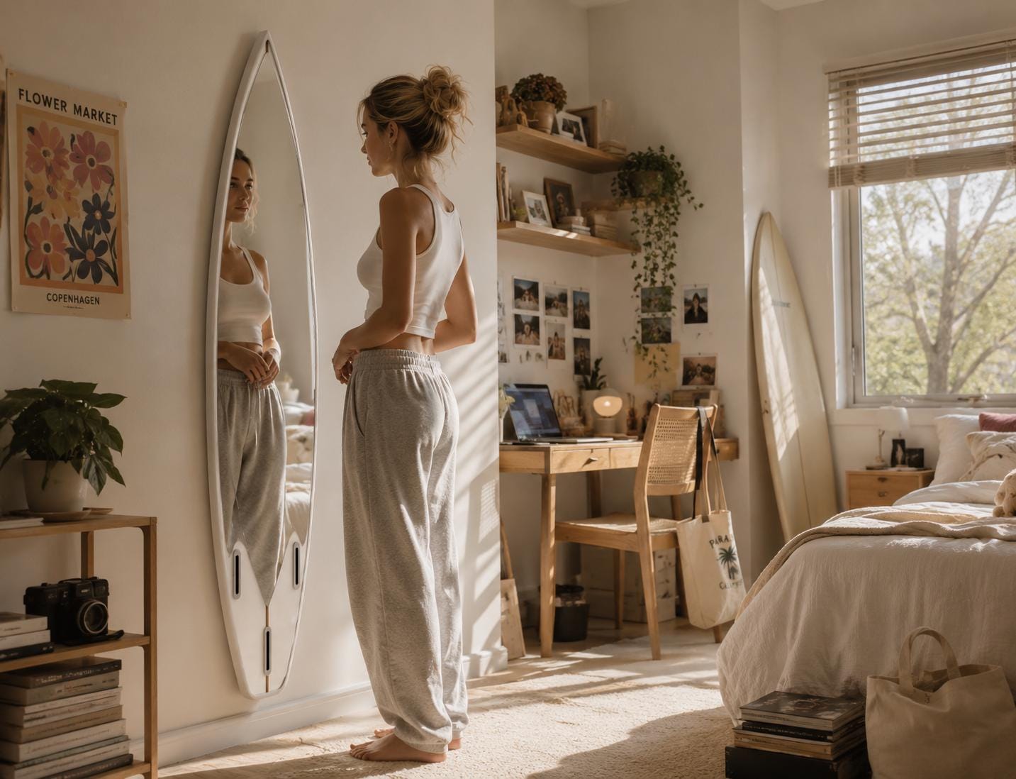 Surfboard Mirror – Coastal Wall Decor for Beach House Interior, Minimalist Surf Style