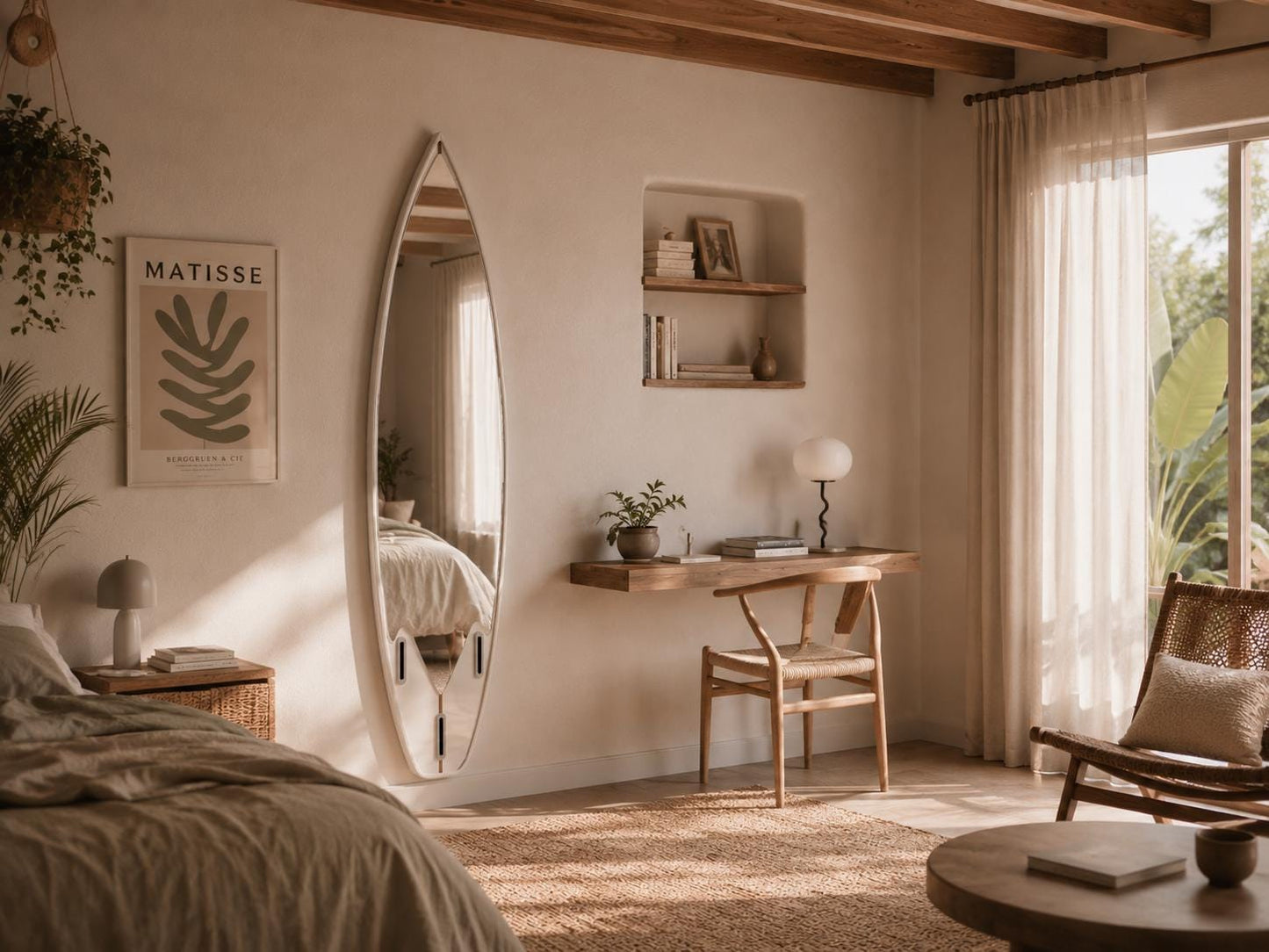 Surfboard Mirror – Coastal Wall Decor for Beach House Interior, Minimalist Surf Style