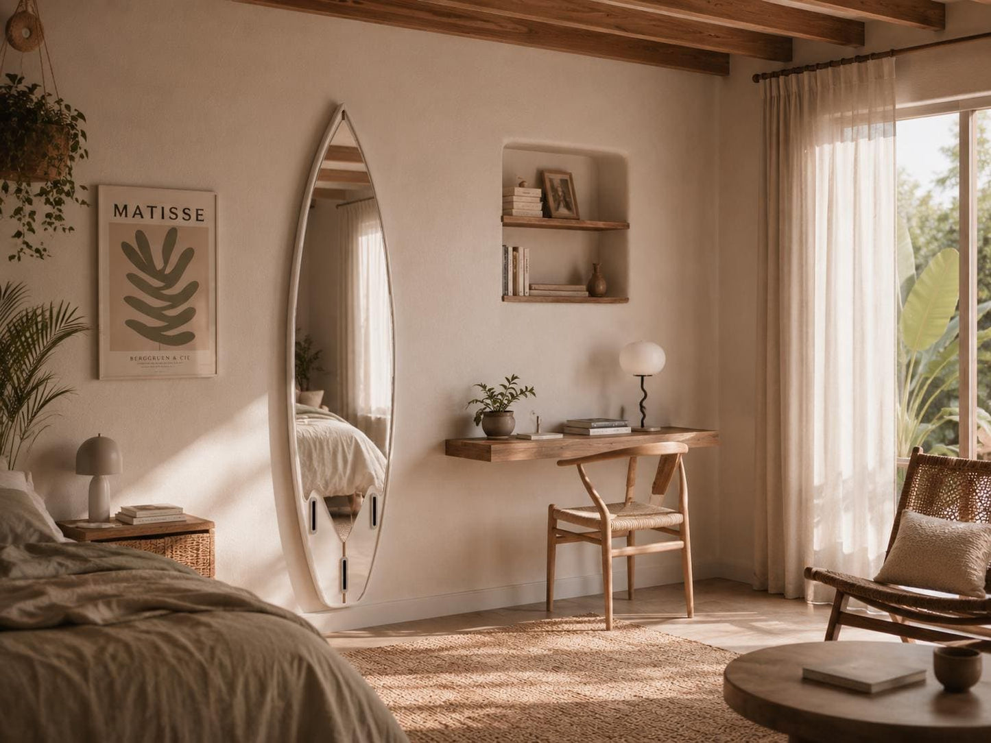 Surfboard Mirror – Coastal Wall Decor for Beach House Interior, Minimalist Surf Style