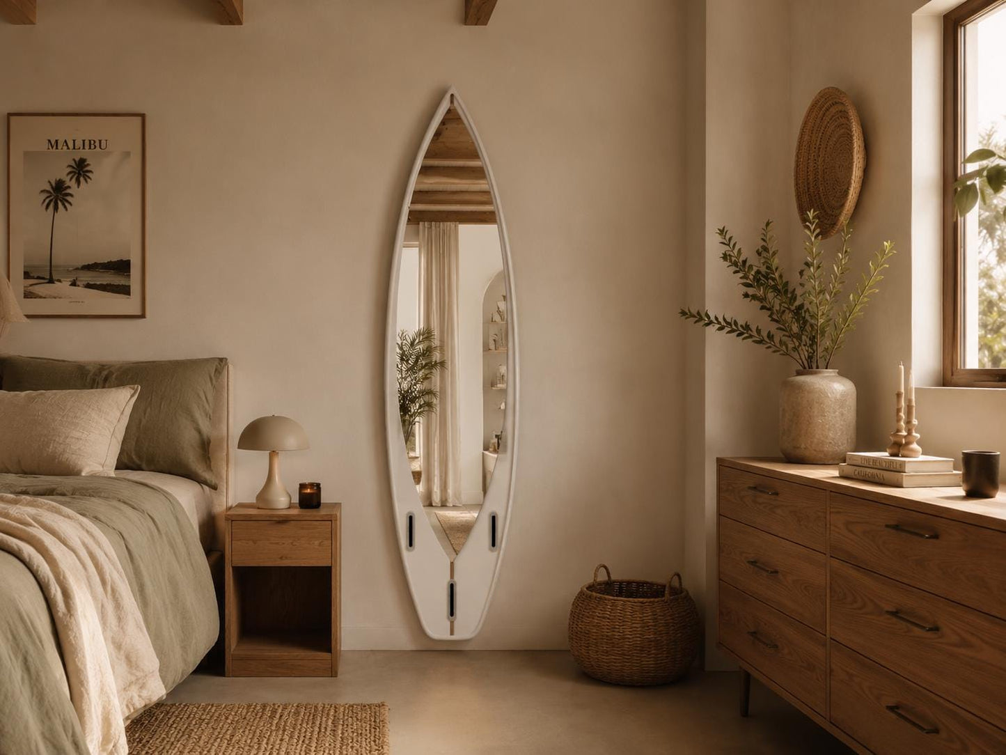Surfboard Mirror – Coastal Wall Decor for Beach House Interior, Minimalist Surf Style