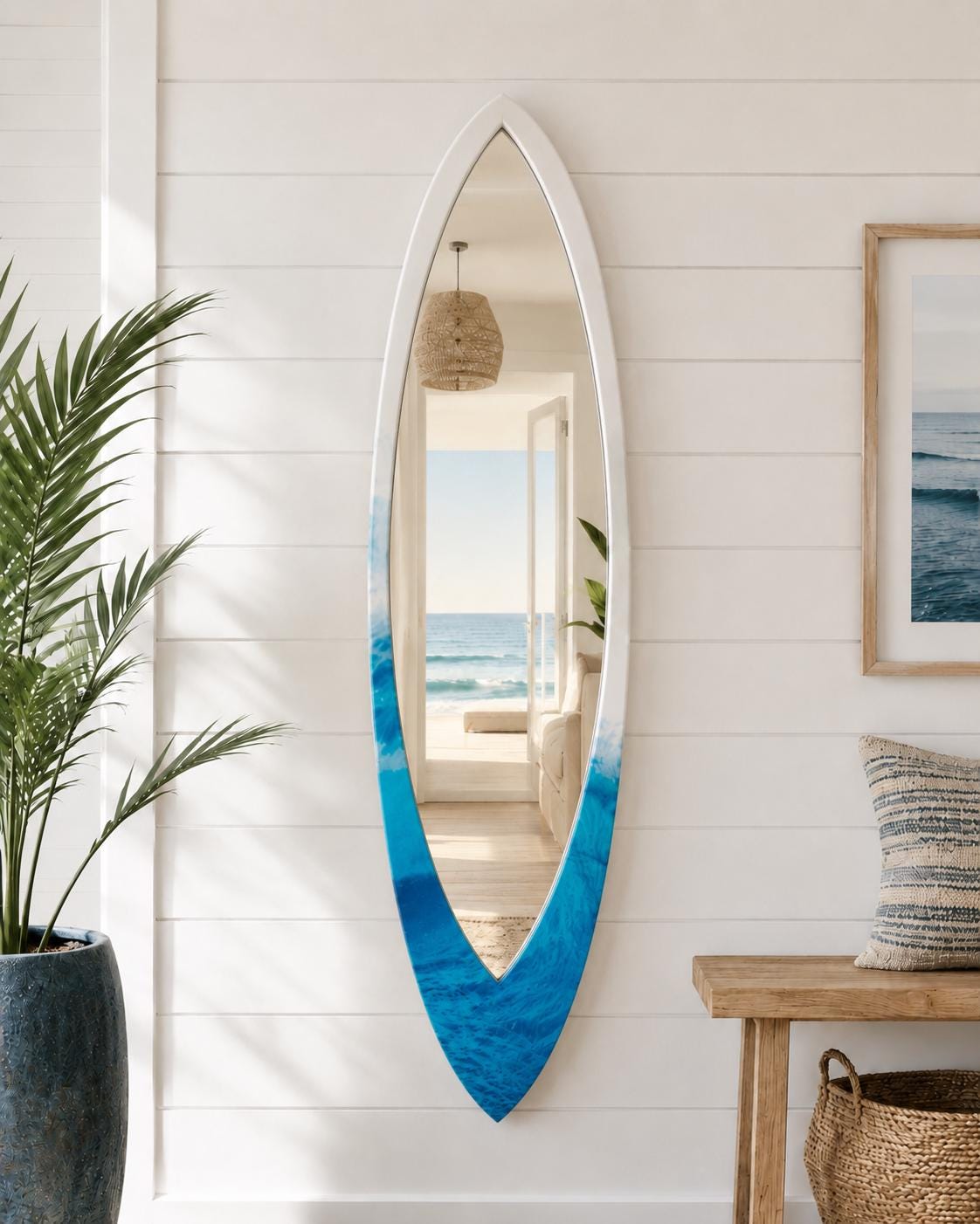 Surfboard Mirror – Ocean Wave Wall Decor for Coastal Interiors, Beach House Mirror