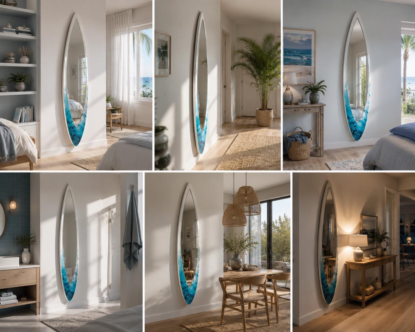 Surfboard Mirror – Ocean Wave Wall Decor for Coastal Interiors, Beach House Mirror