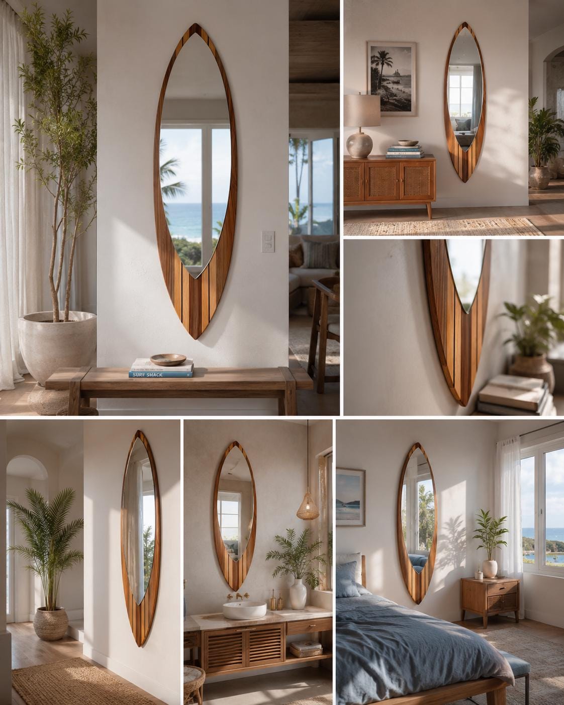 Surfboard Mirror – Wooden Coastal Wall Decor for Beach House Interior
