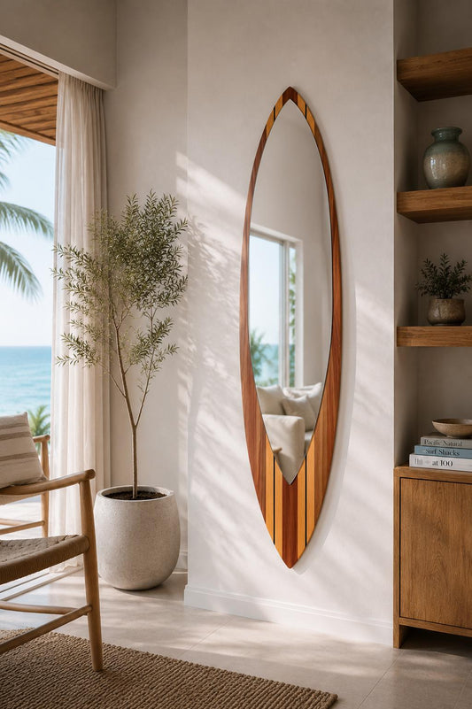 Surfboard Mirror – Wooden Coastal Wall Decor for Beach House Interior