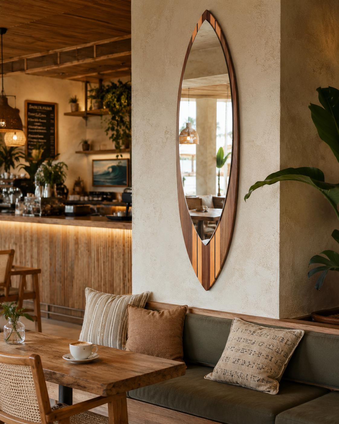Surfboard Mirror – Wooden Coastal Wall Decor for Beach House Interior