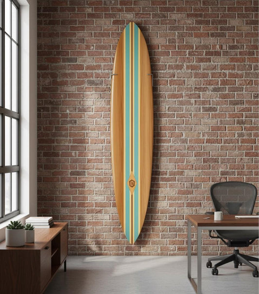 Vintage Longboard Wall Decor – Retro Surfboard Art, Teal Stripes, Coastal Accent