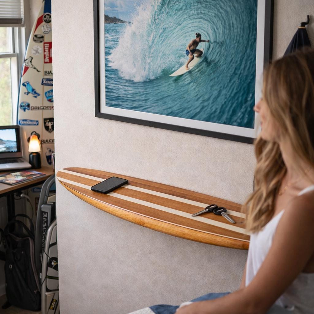 Wooden Surfboard Shelf – Coastal Interior, Beach House Wall Decor, Surf Style