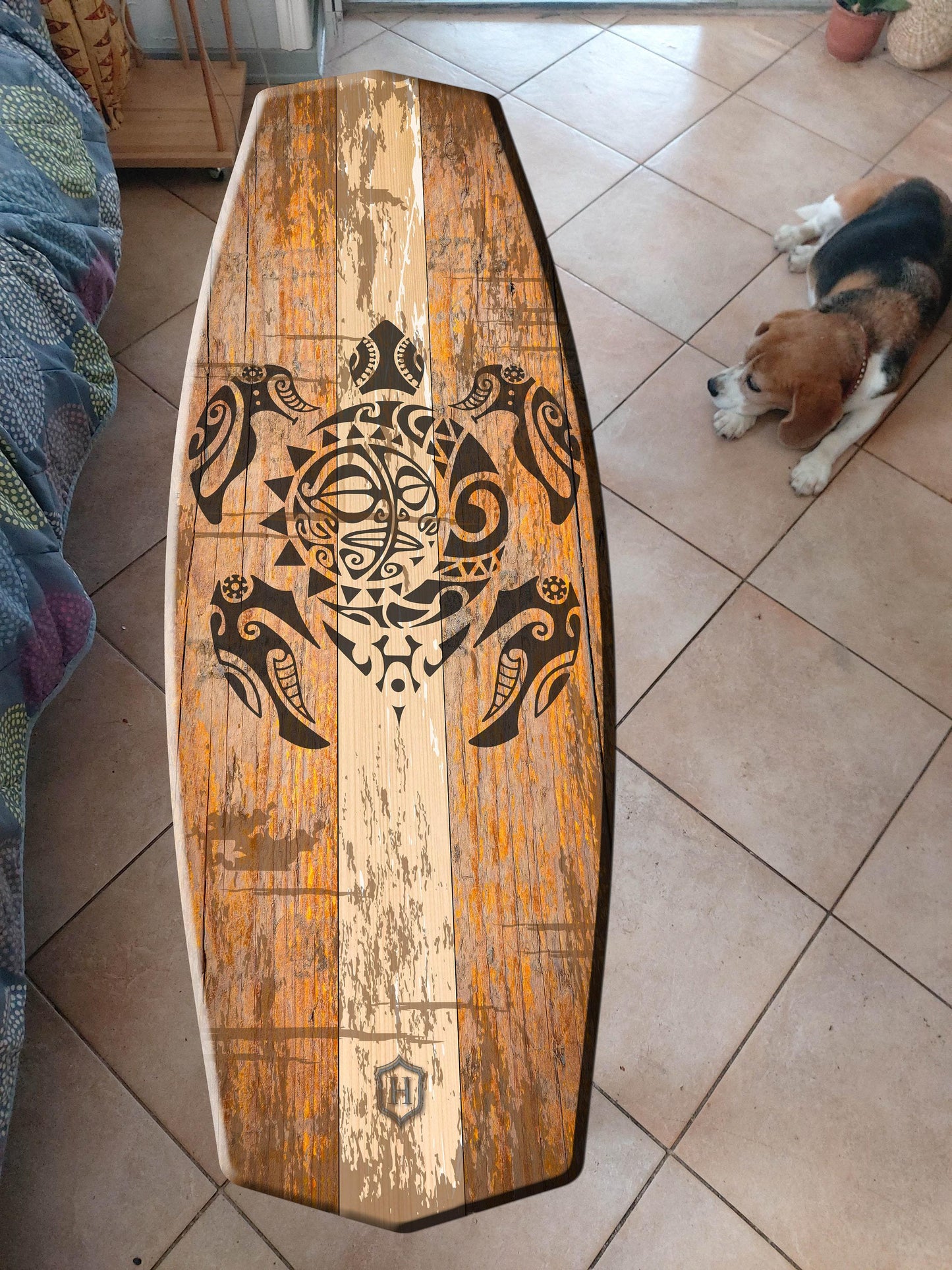 Surfboard Bench with Turtle Art – Coastal Decor, Entryway Seating
