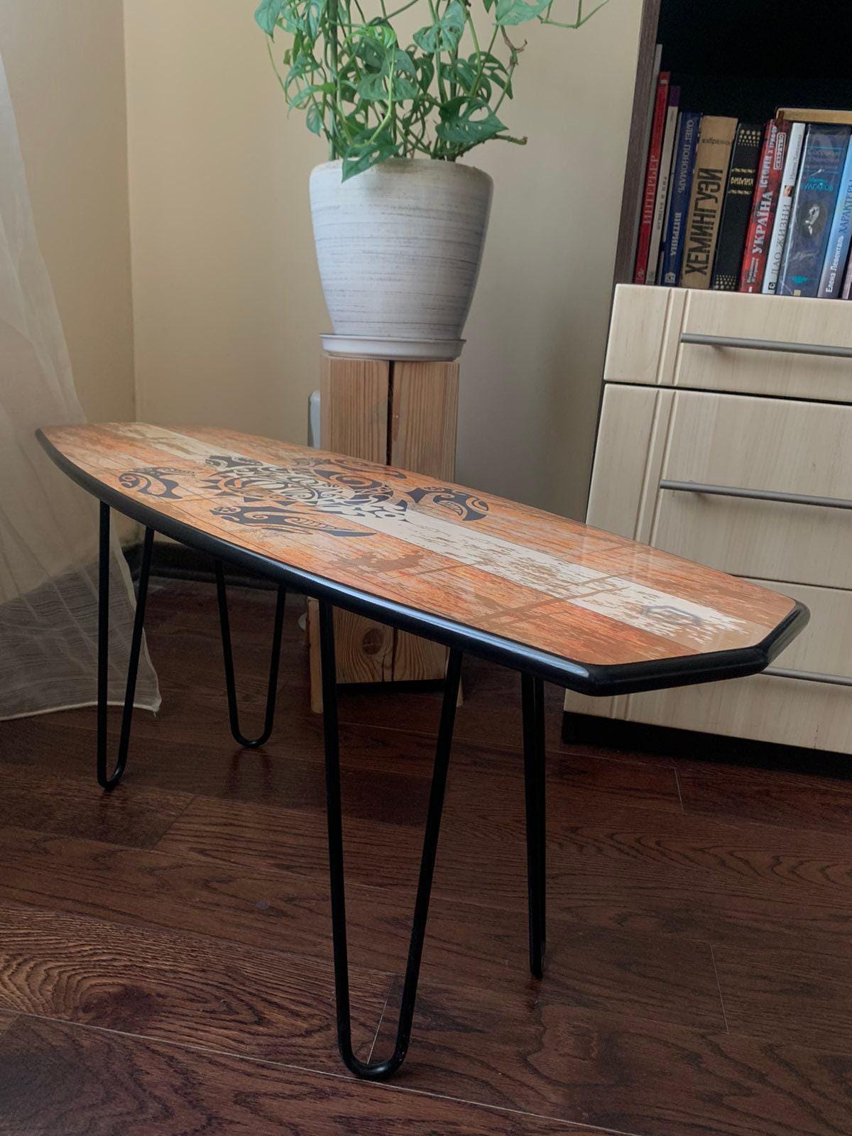 Surfboard Bench with Turtle Art – Coastal Decor, Entryway Seating