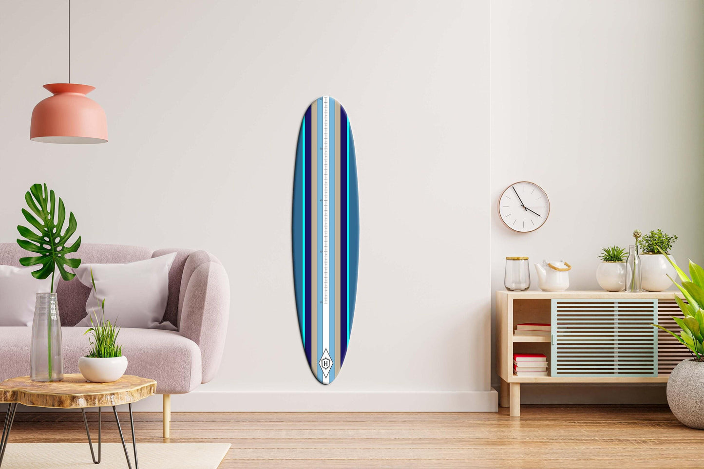 Surfboard Growth Chart: Blue & White Wooden Kids Height Tracker
