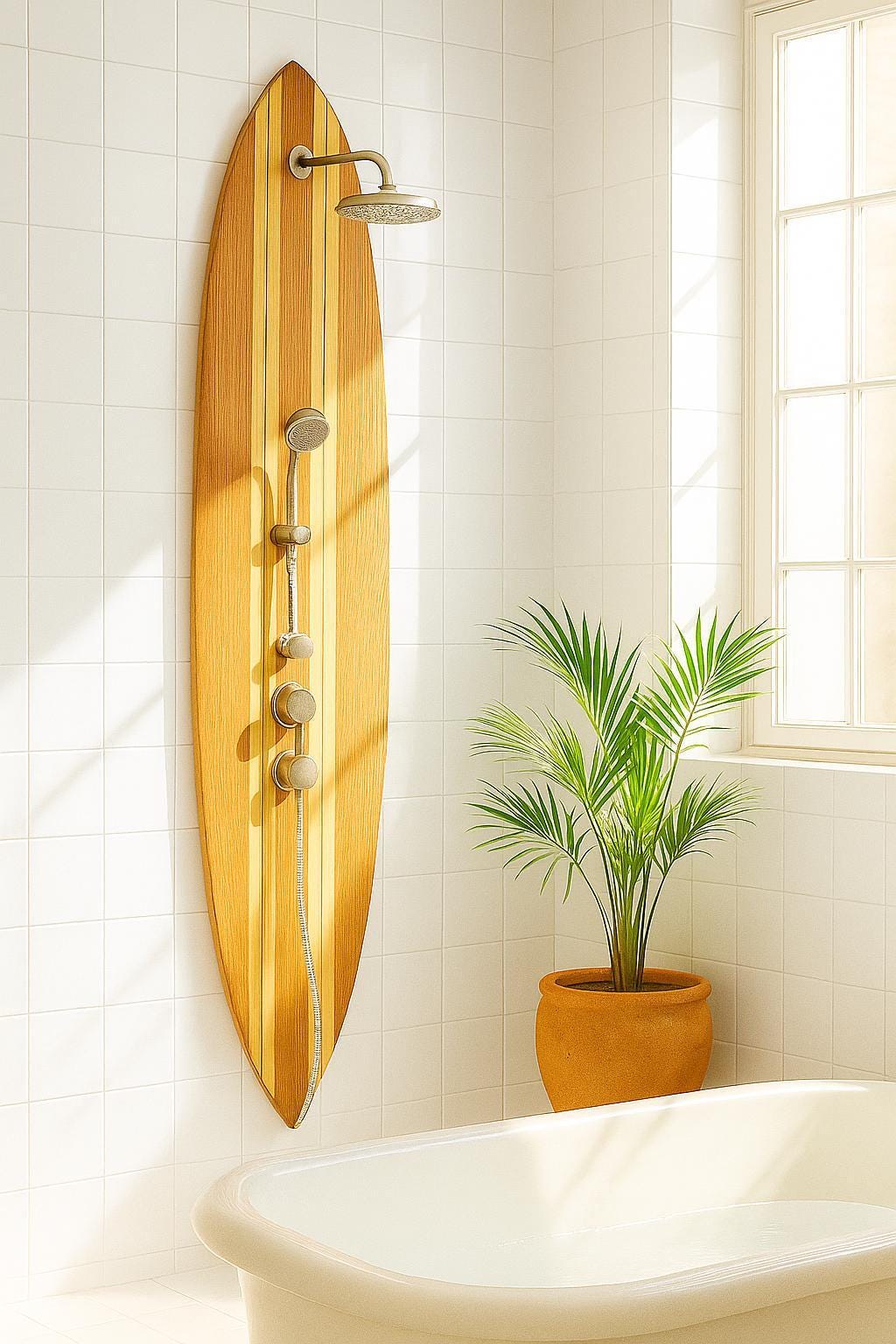 Surfboard-shaped shower panel – handmade for ocean lovers