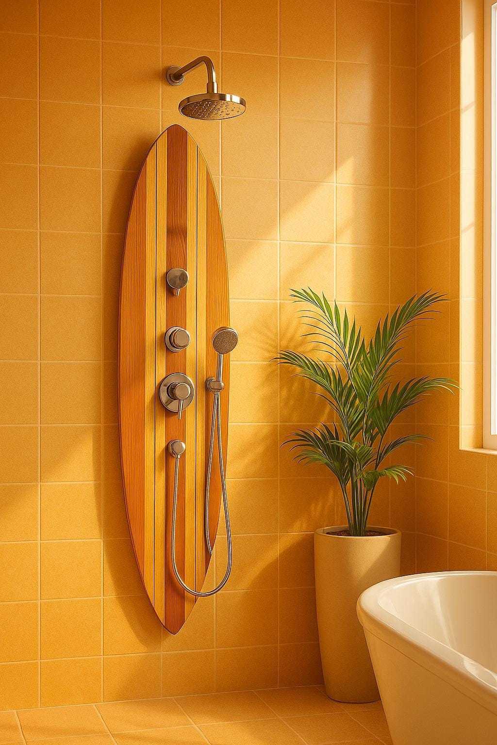 Surfboard-shaped shower panel – handmade for ocean lovers