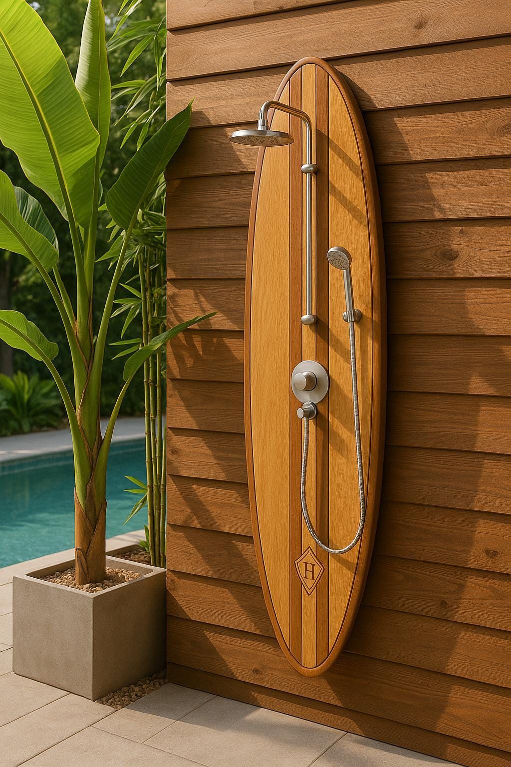 Surfboard-shaped shower panel – handmade for ocean lovers