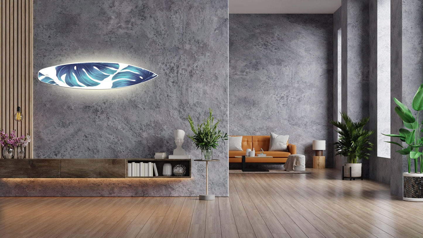 Surfboard-shape wall led light with green monstera