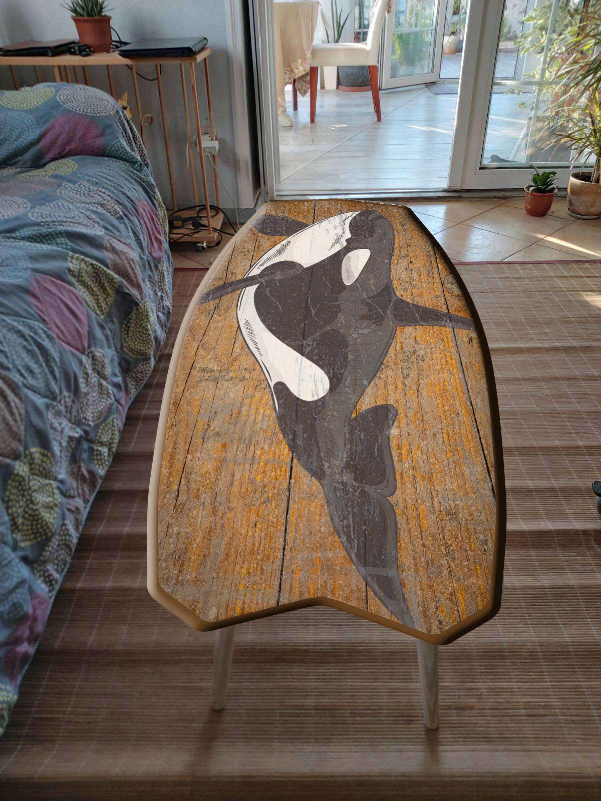 Surfboard coffee table with orca , killer whale