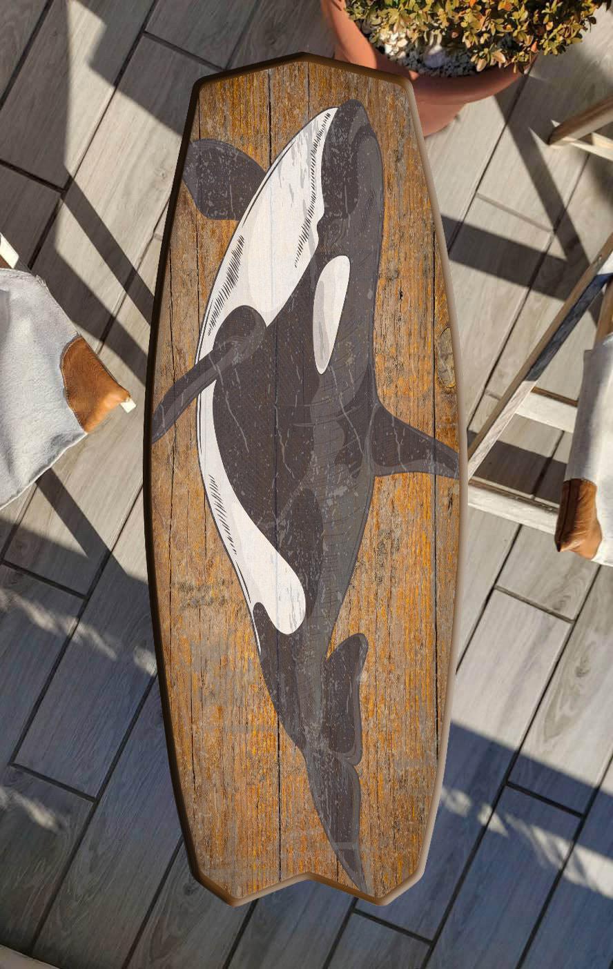 Surfboard coffee table with orca , killer whale