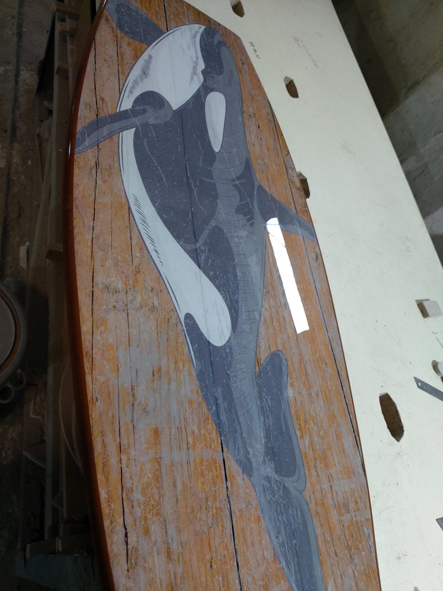 Surfboard coffee table with orca , killer whale