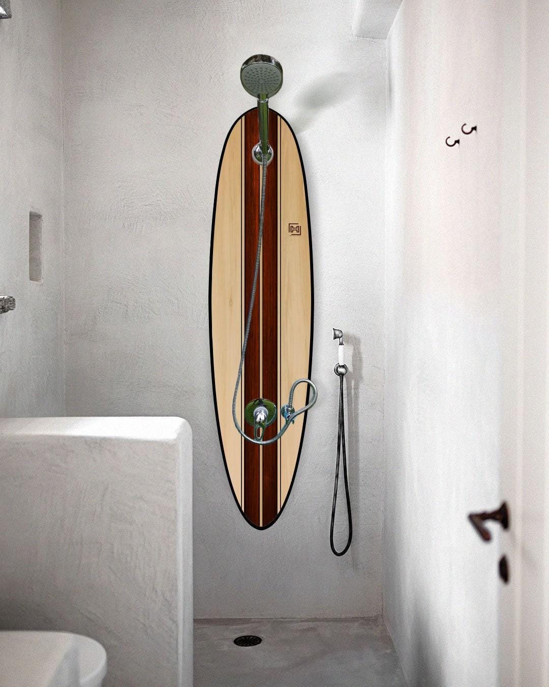 Vintage Wood Surfboard Shower Panel, Coastal Bathroom Wall Feature