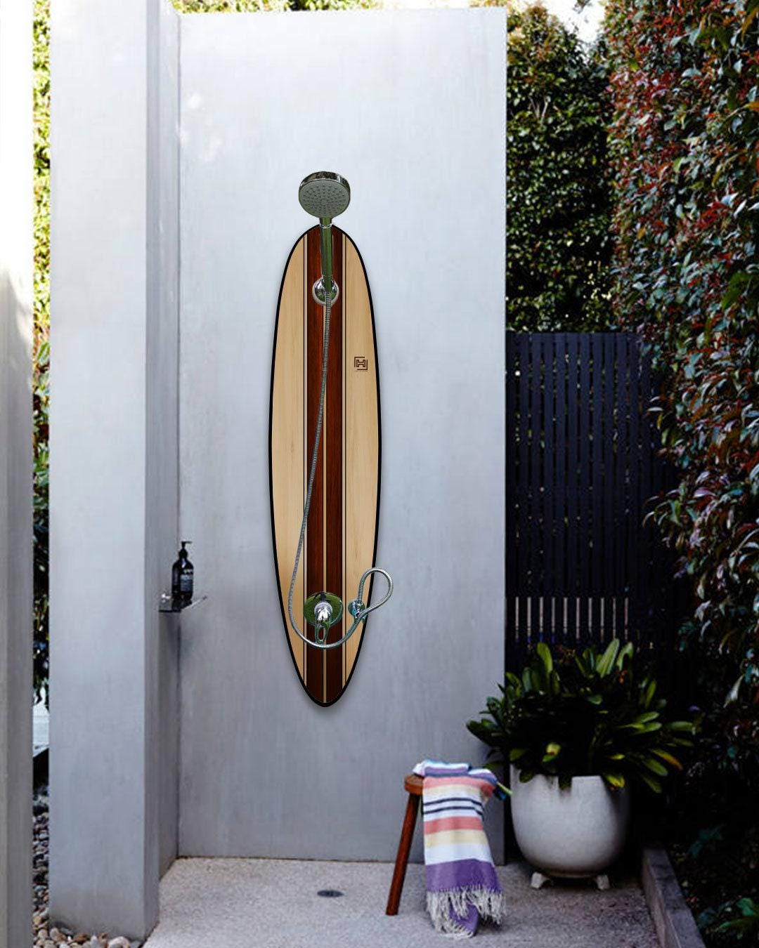 Vintage Wood Surfboard Shower Panel, Coastal Bathroom Wall Feature