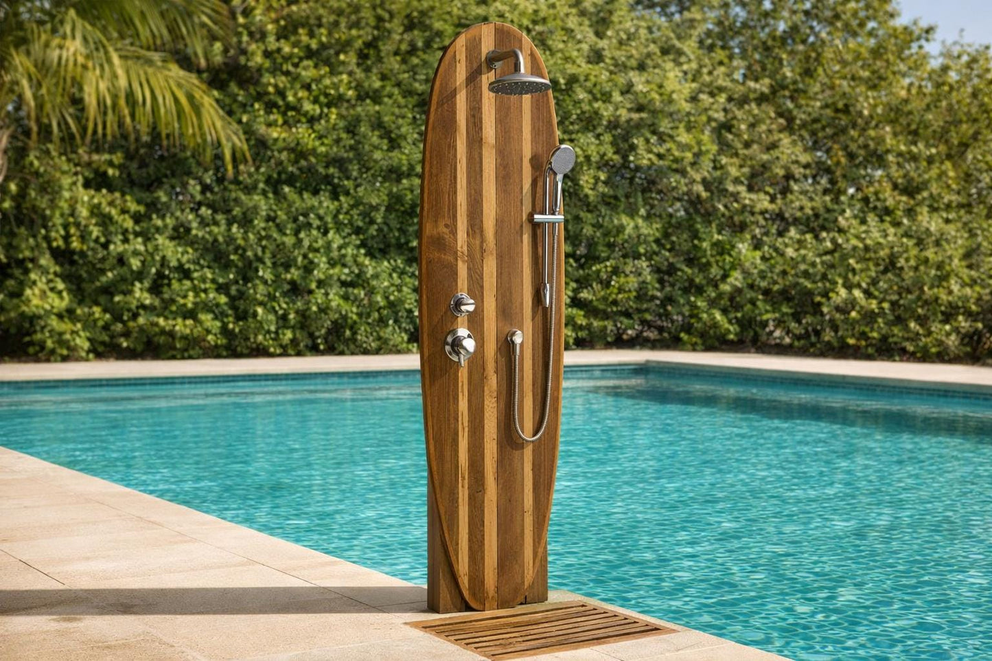 Surfboard Shower Panel, Natural Wood Coastal Bathroom Art, Outdoor Pool Decor