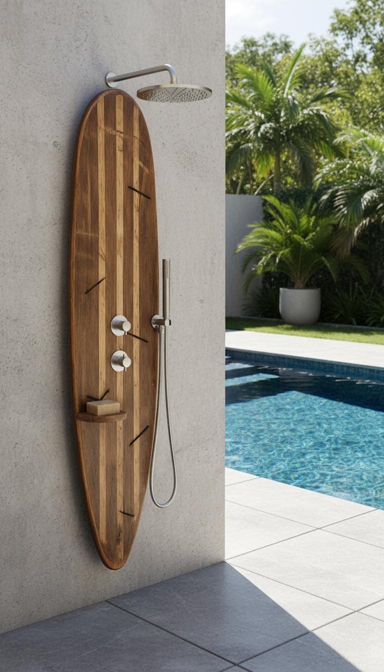 Surfboard Shower Panel, Natural Wood Coastal Bathroom Art, Outdoor Pool Decor