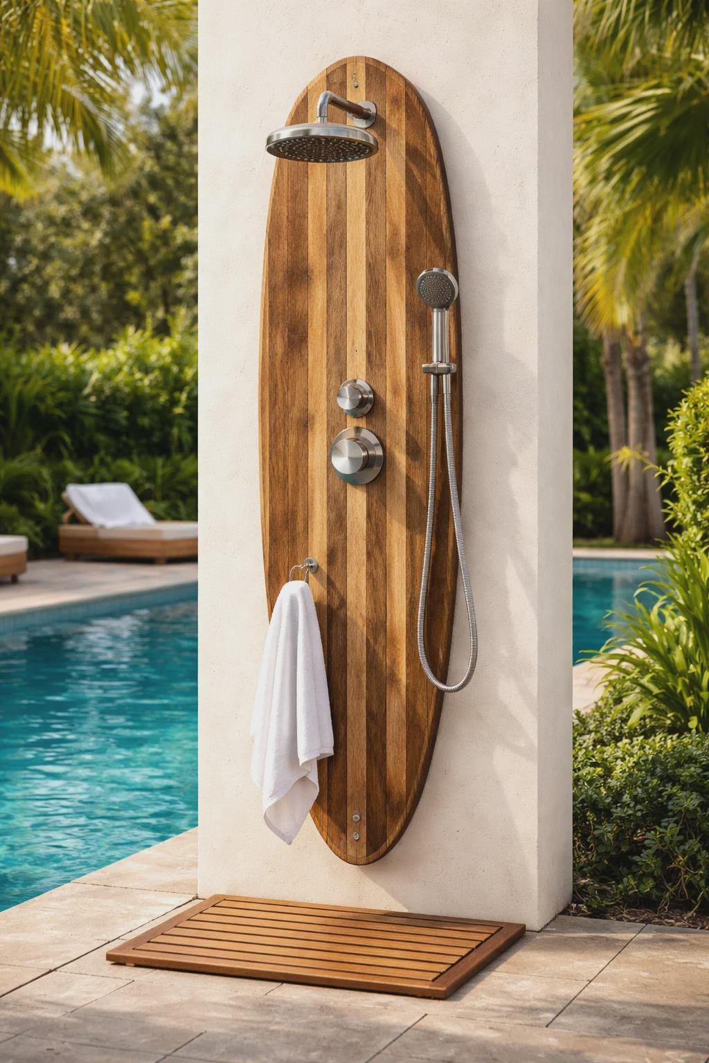 Surfboard Shower Panel, Natural Wood Coastal Bathroom Art, Outdoor Pool Decor