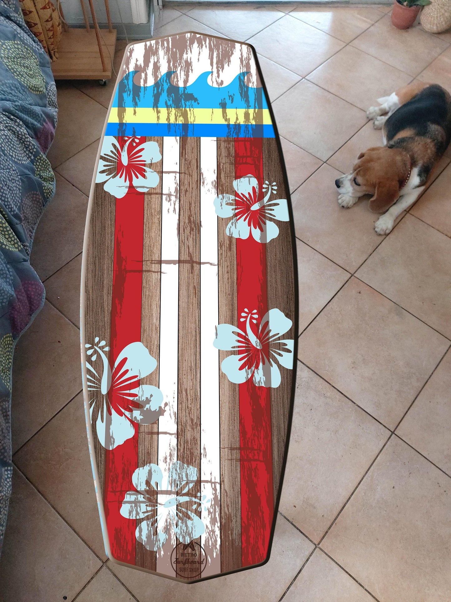 Surfboard Bench – Ocean Waves & Hibiscus Stripe Design