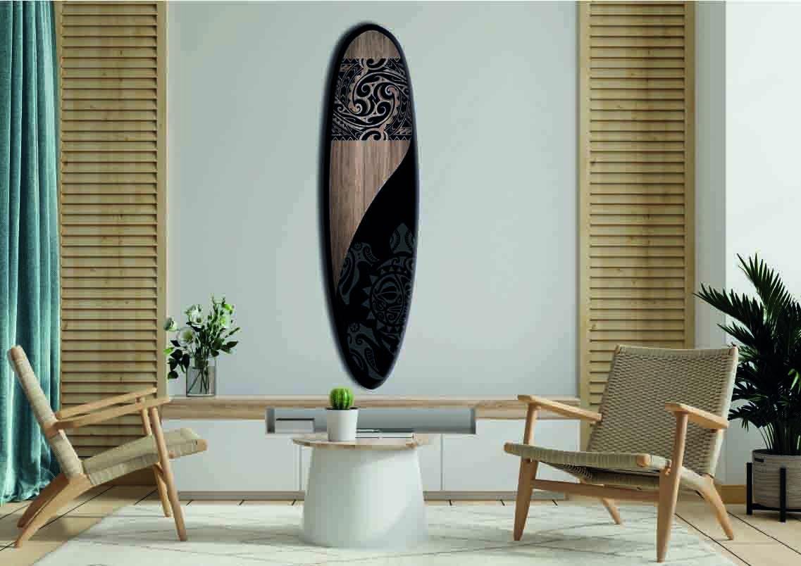 Tribal Surfboard Wall Art – Black and Wood Handmade Coastal Accent , Handmade Design