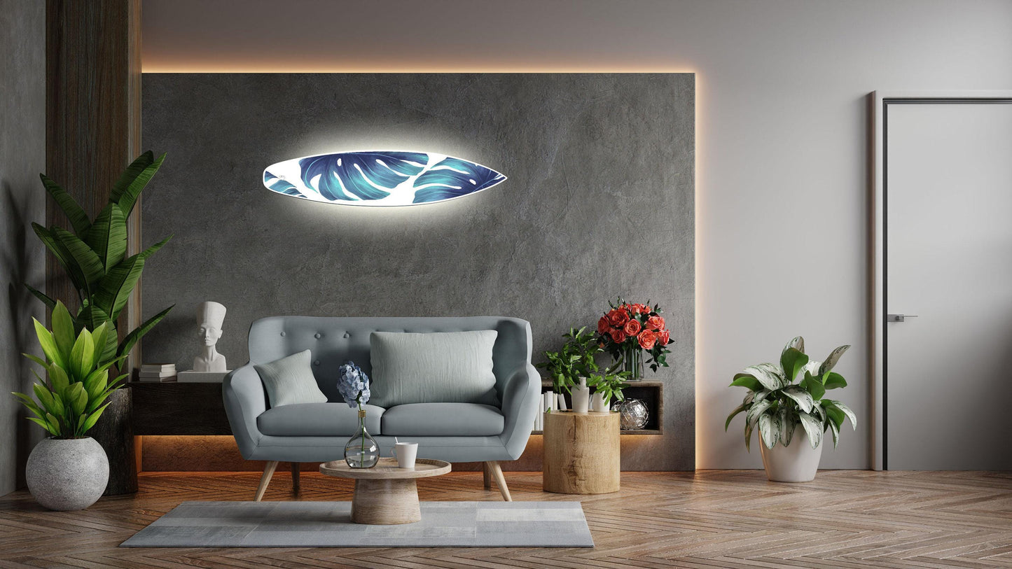Surfboard-shape wall led light with monstera