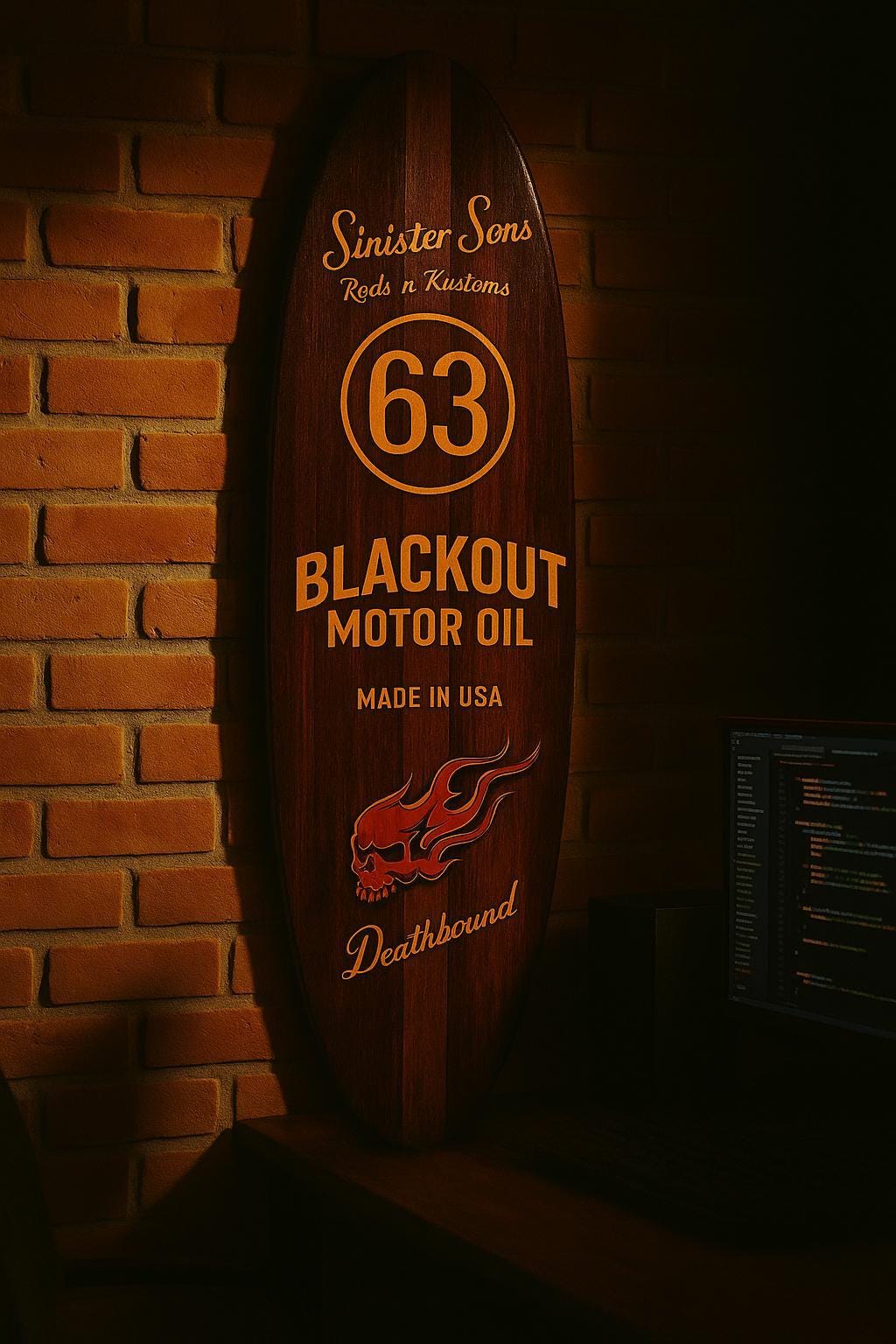 Garage Biker Wall Sign – Skull, Oil & Speed Inspired Surfboard Decor
