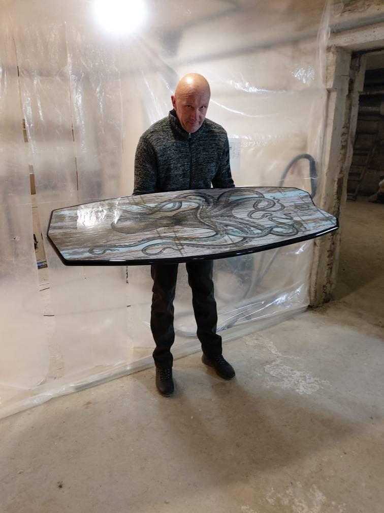 Surfboard Coffee Table – Coastal Beach House Table, Ocean Style Living Room Furniture, Octopus Design