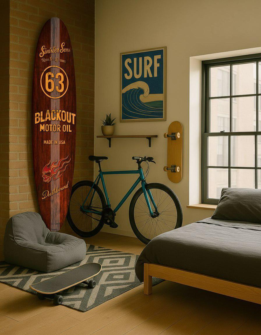 Garage Biker Wall Sign – Skull, Oil & Speed Inspired Surfboard Decor