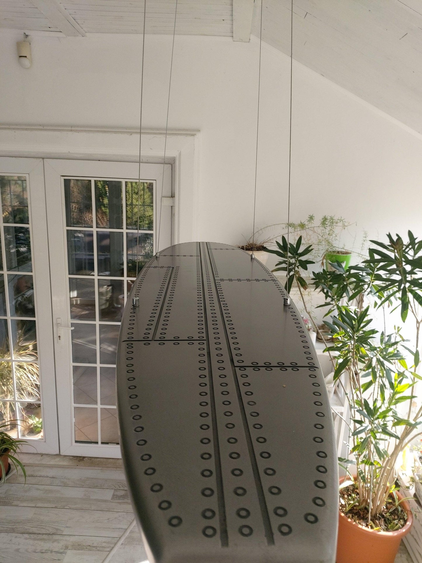 Surfboard shaped ceiling chandelier, covered with liquid aluminum, a ceiling lamp for billiards