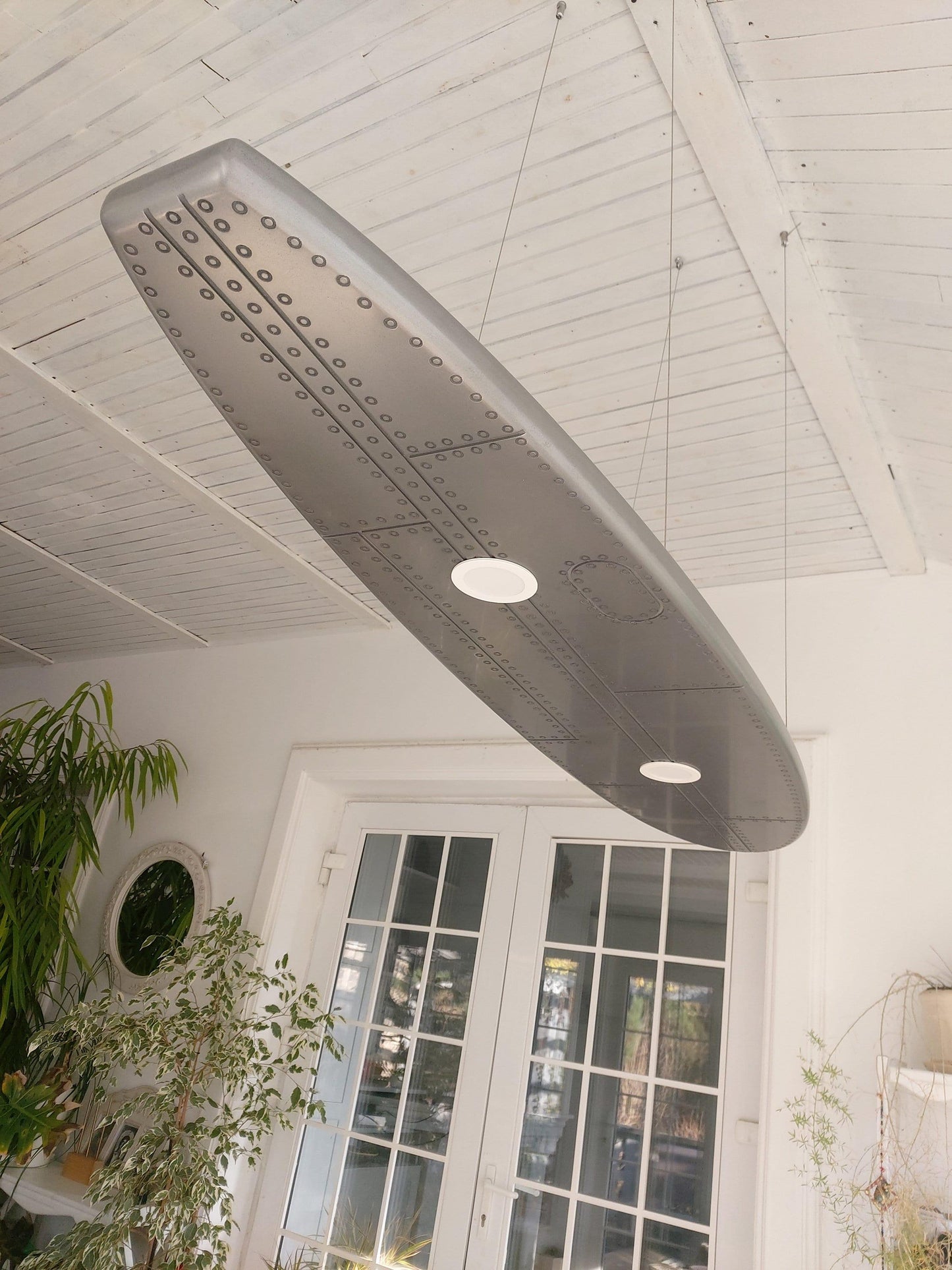 Surfboard shaped ceiling chandelier, covered with liquid aluminum, a ceiling lamp for billiards