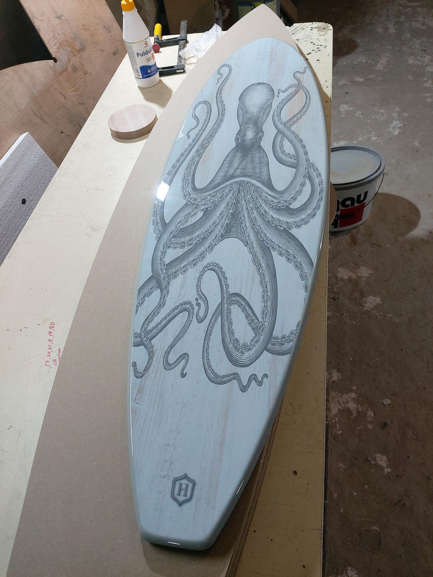 Surfboard Coffee Table – Coastal Beach House Table, Ocean Style Living Room Furniture, Octopus Design