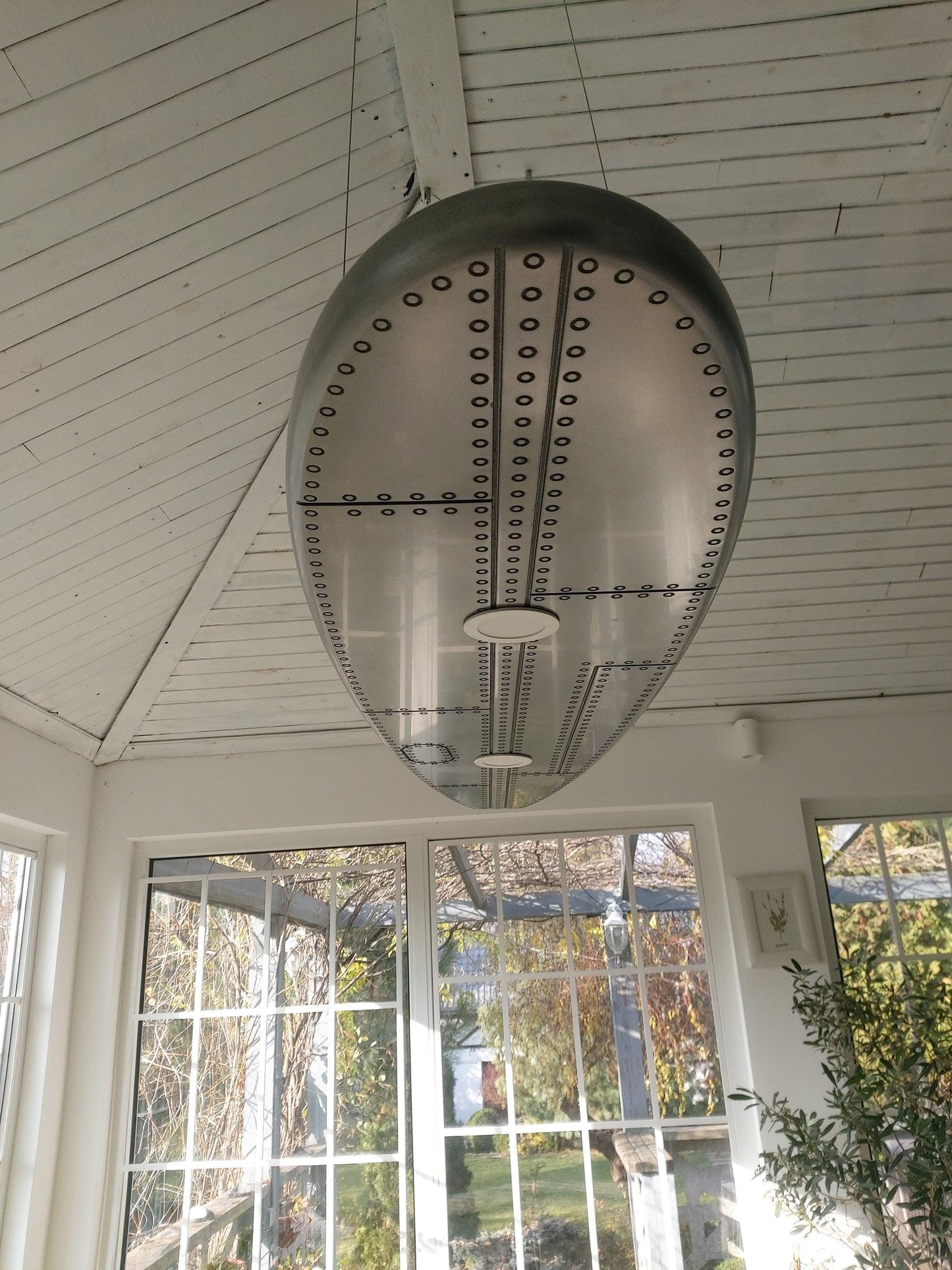 Surfboard shaped ceiling chandelier, covered with liquid aluminum, a ceiling lamp for billiards