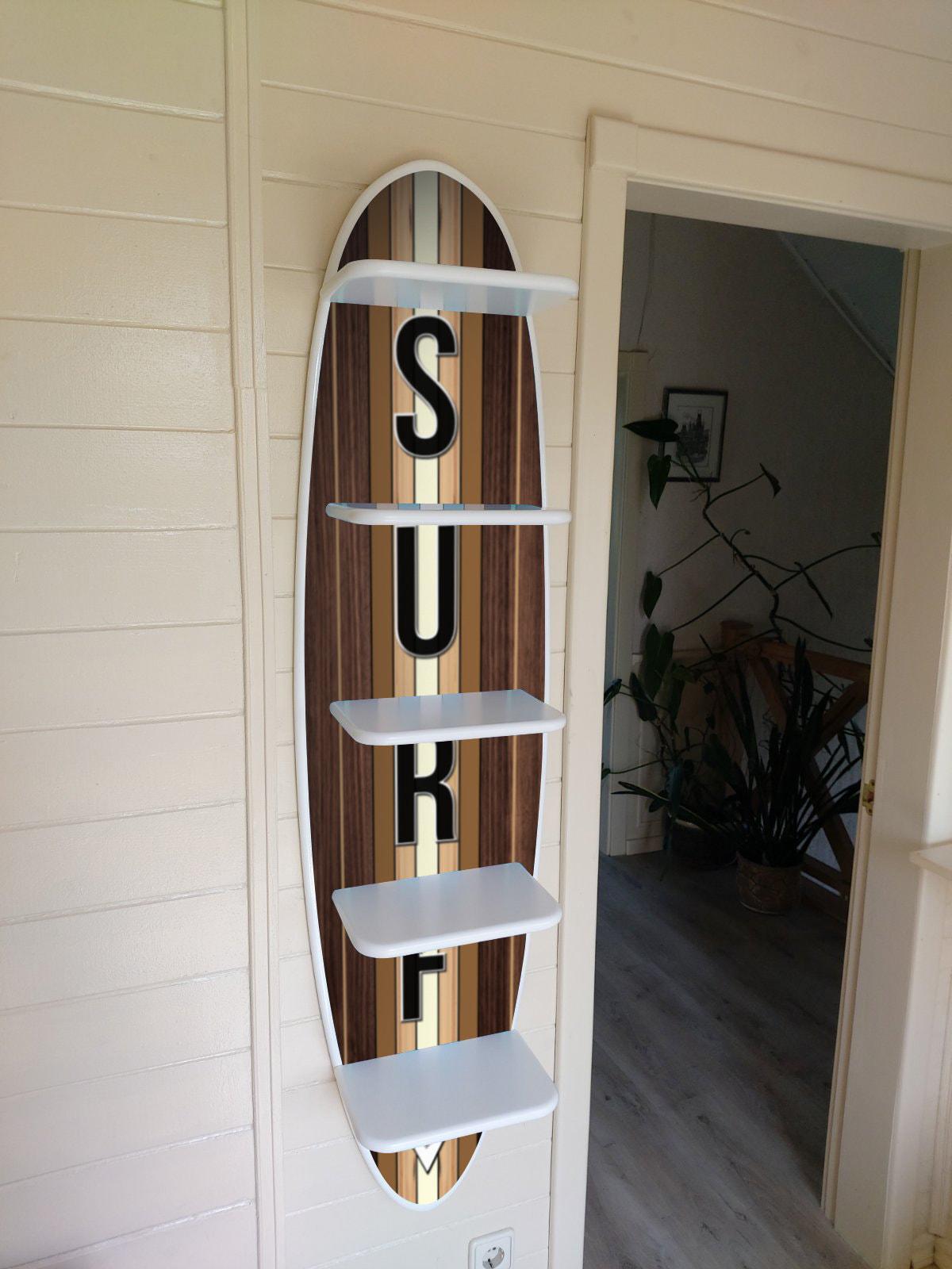 Surfboard Wall Shelf: Wood Surfing Art Decor, 5-Tier Bookshelf (54 inch)