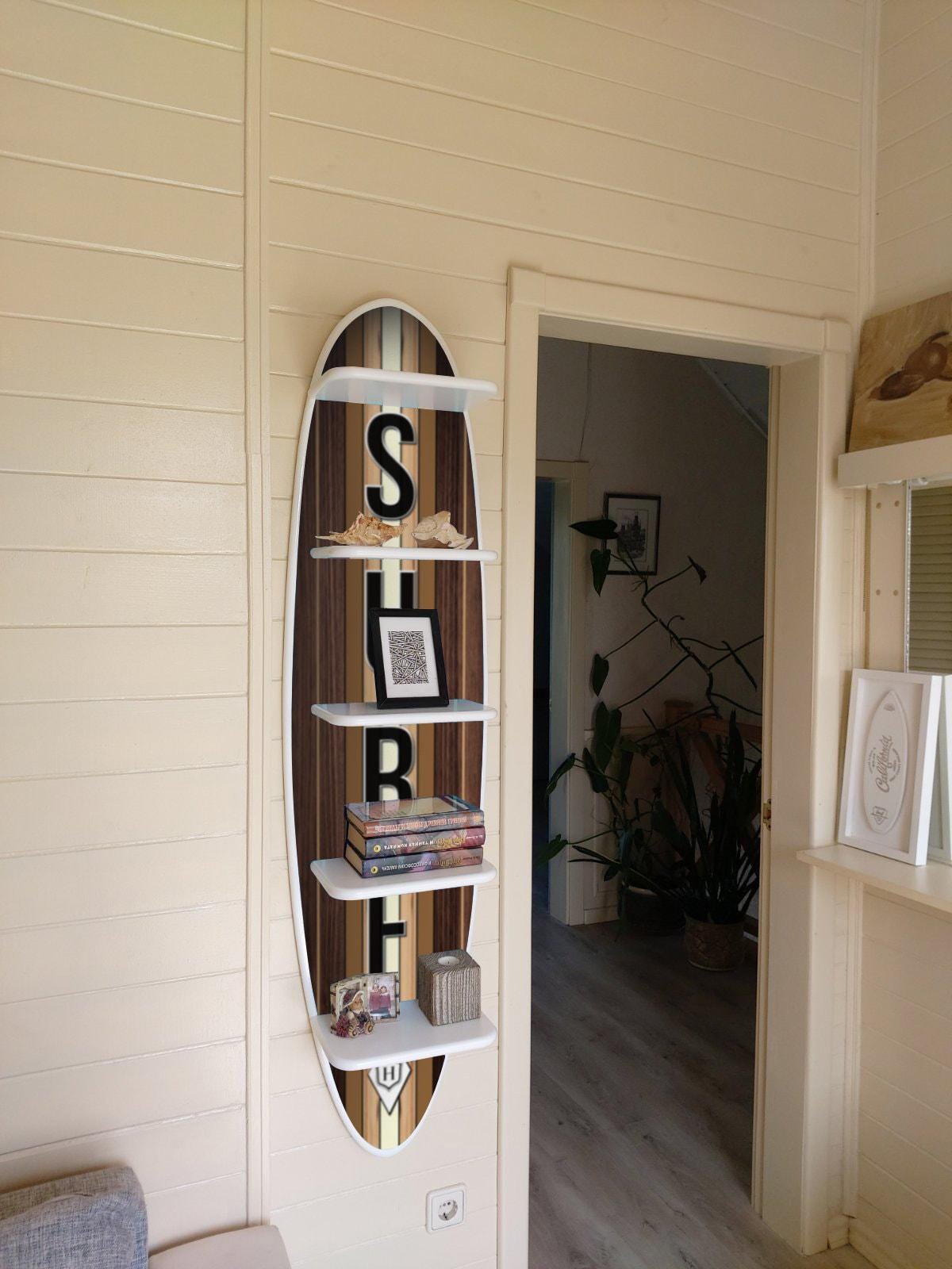 Surfboard Wall Shelf: Wood Surfing Art Decor, 5-Tier Bookshelf (54 inch)