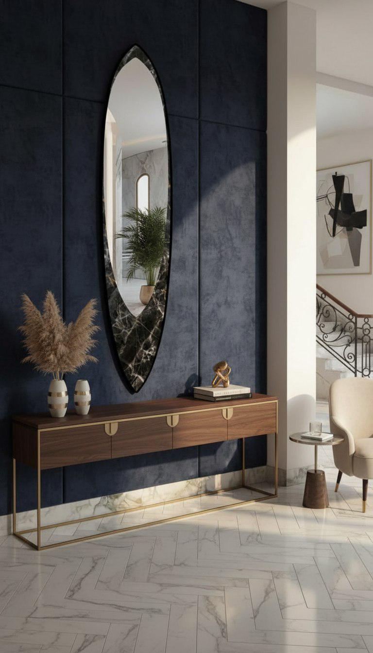 Wall mirror in wooden surfboard shaped frame