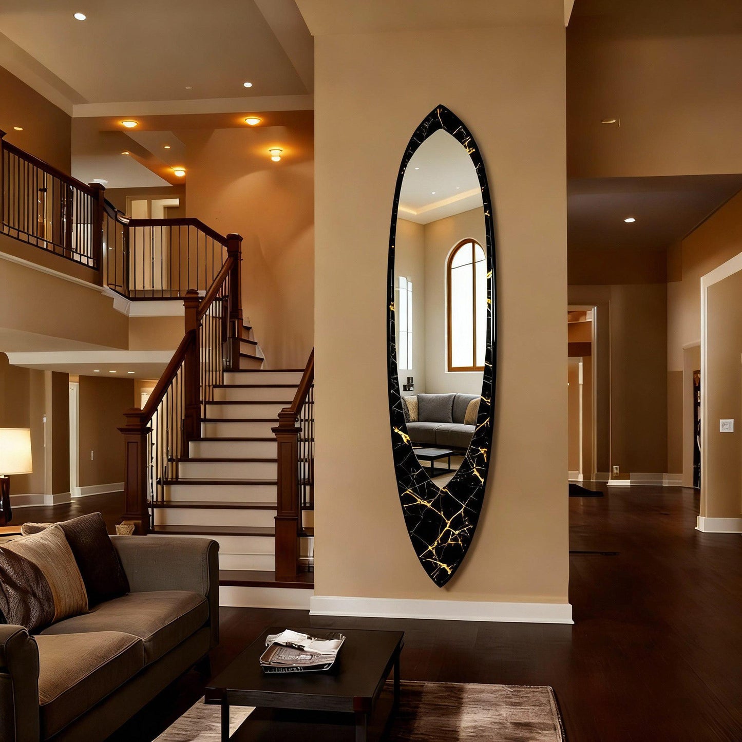 Wall mirror in wooden surfboard shaped frame