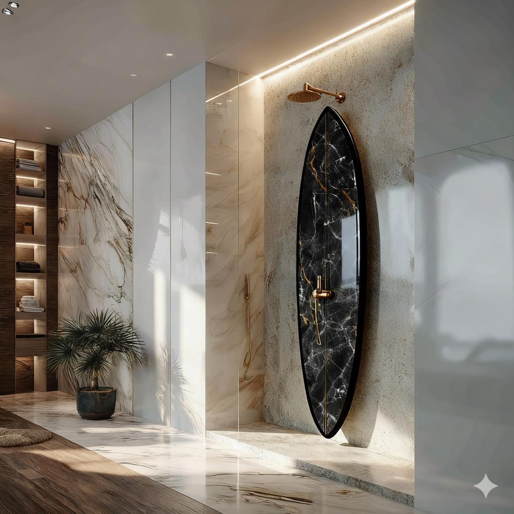 Surfboard-Shaped Shower Panel with Black Marble Texture – A Striking Design Accent