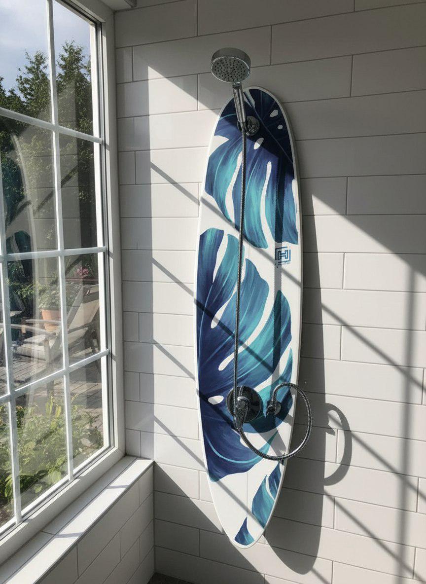 Surfboard Shower Panel – Tropical Leaf, Beach Decor