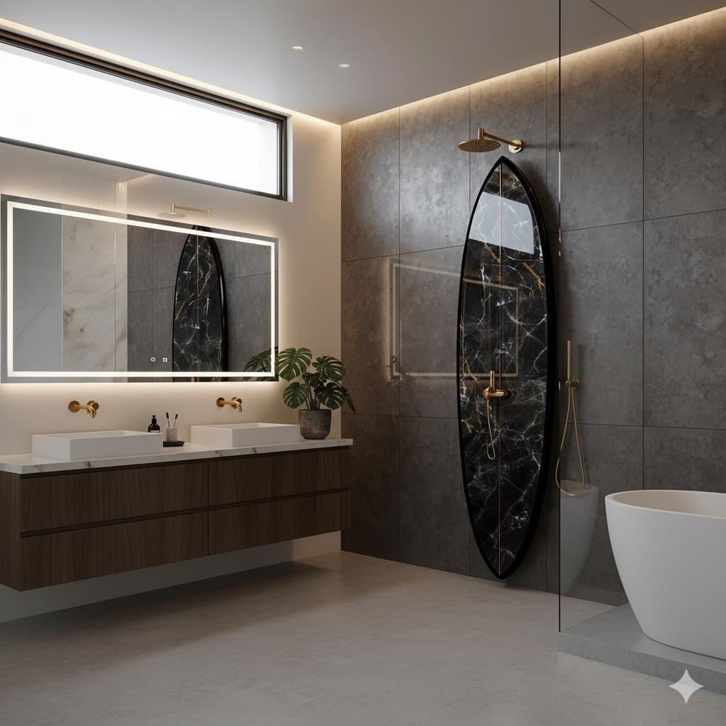 Surfboard-Shaped Shower Panel with Black Marble Texture – A Striking Design Accent