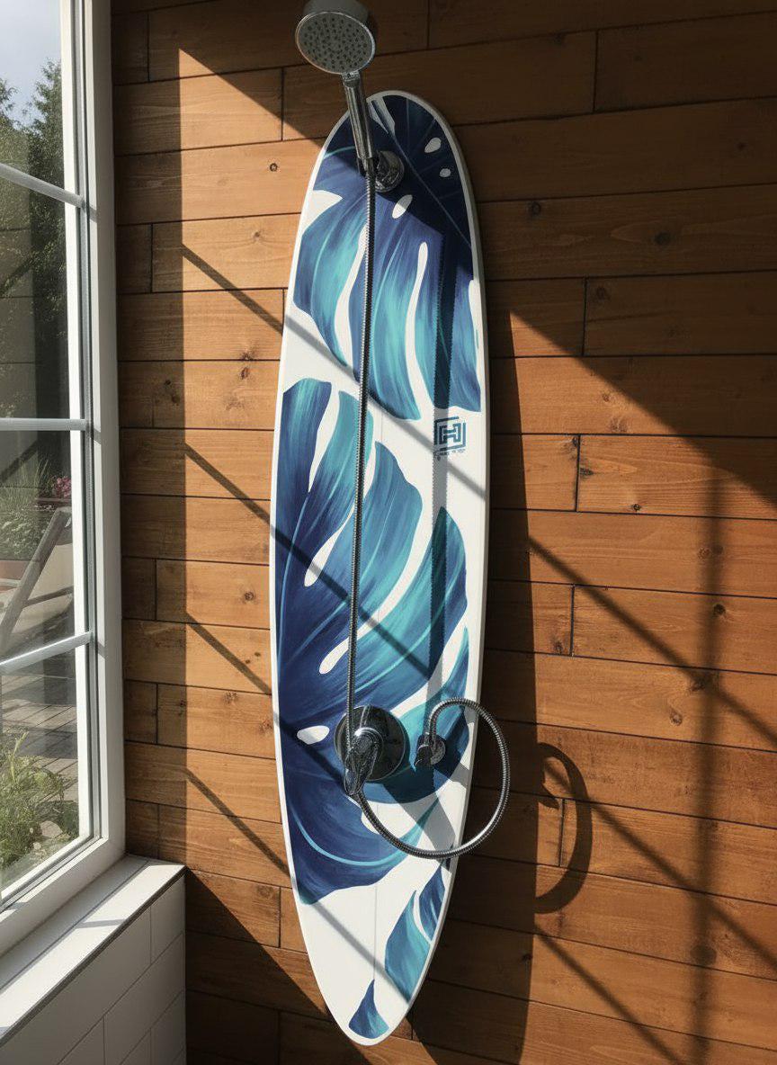 Surfboard Shower Panel – Tropical Leaf, Beach Decor