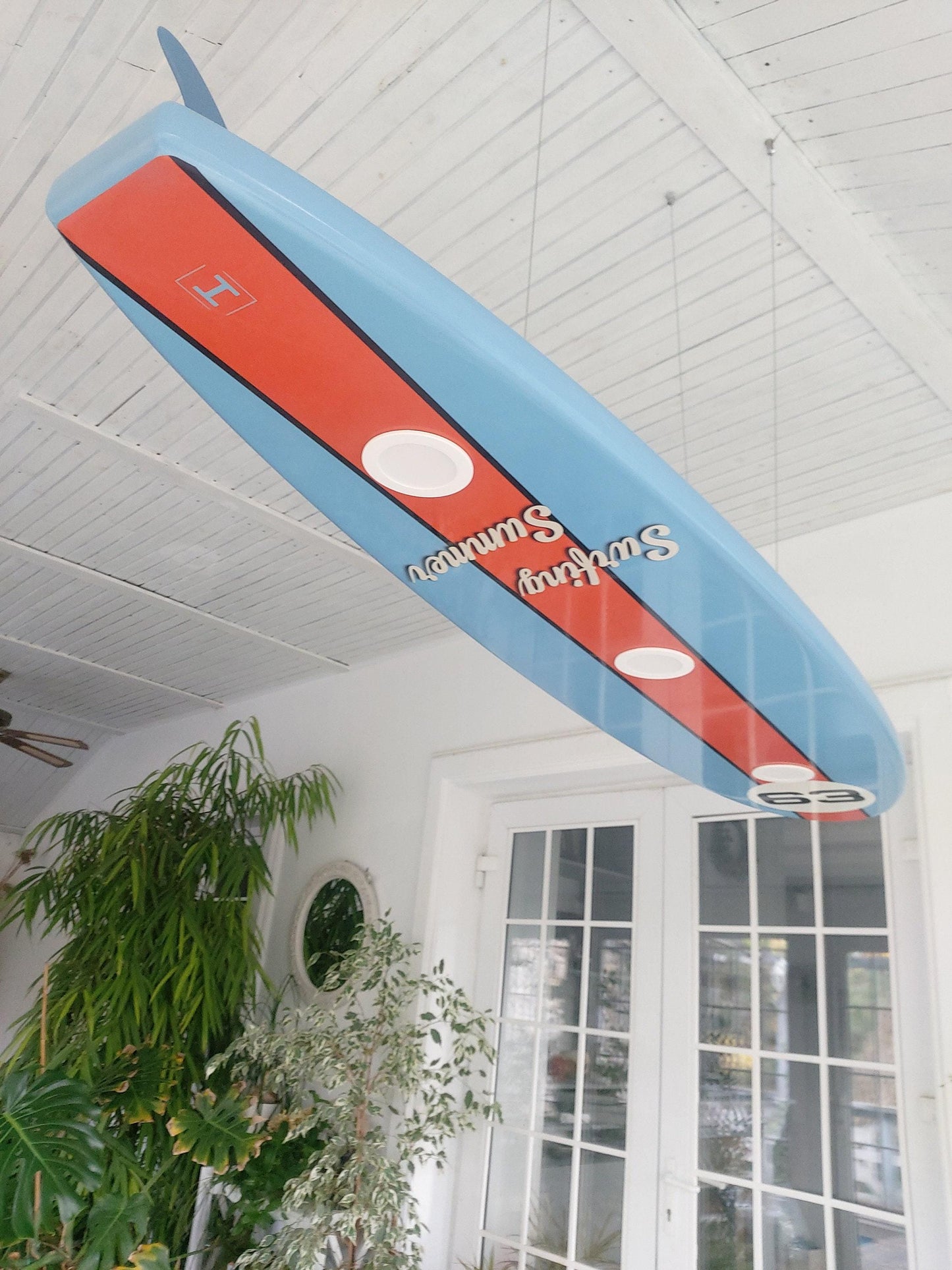 Handcrafted Surfboard LED Ceiling Light: Coastal Game Room Decor