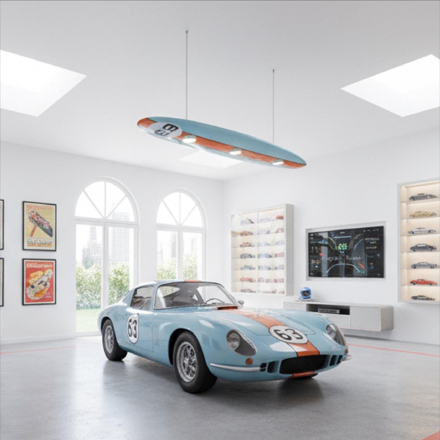 Handcrafted Surfboard LED Ceiling Light: Coastal Game Room Decor