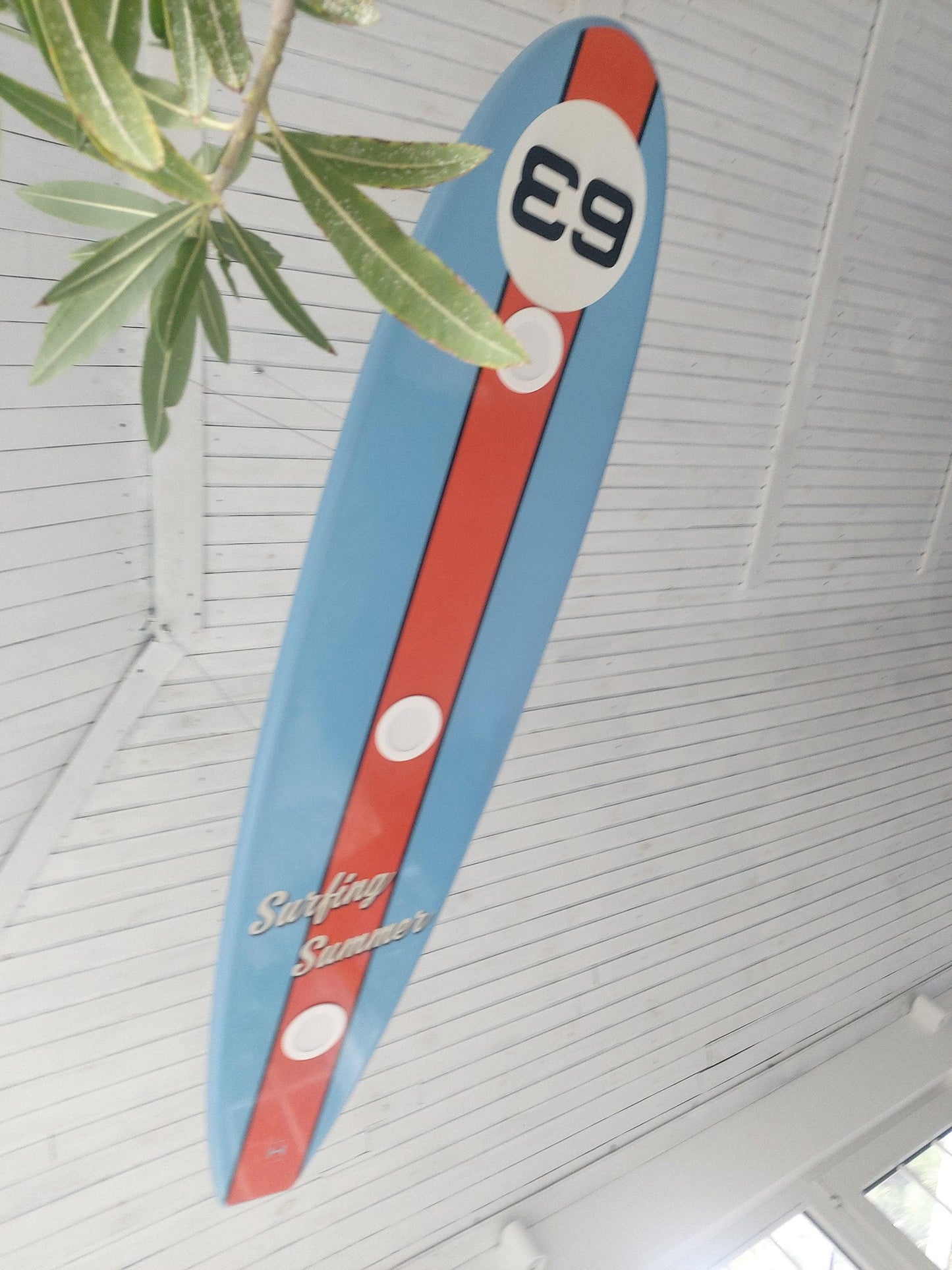 Handcrafted Surfboard LED Ceiling Light: Coastal Game Room Decor